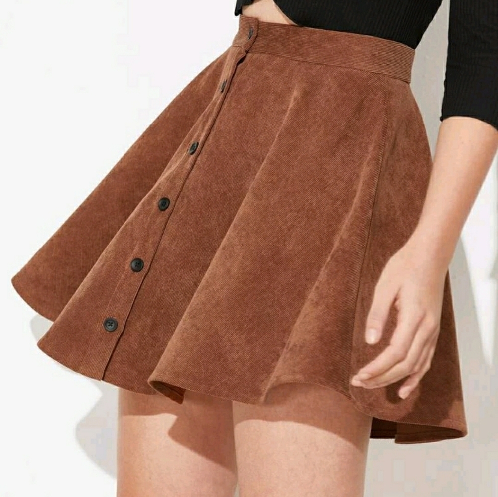 Brown Button Up Flare Cord Skirt